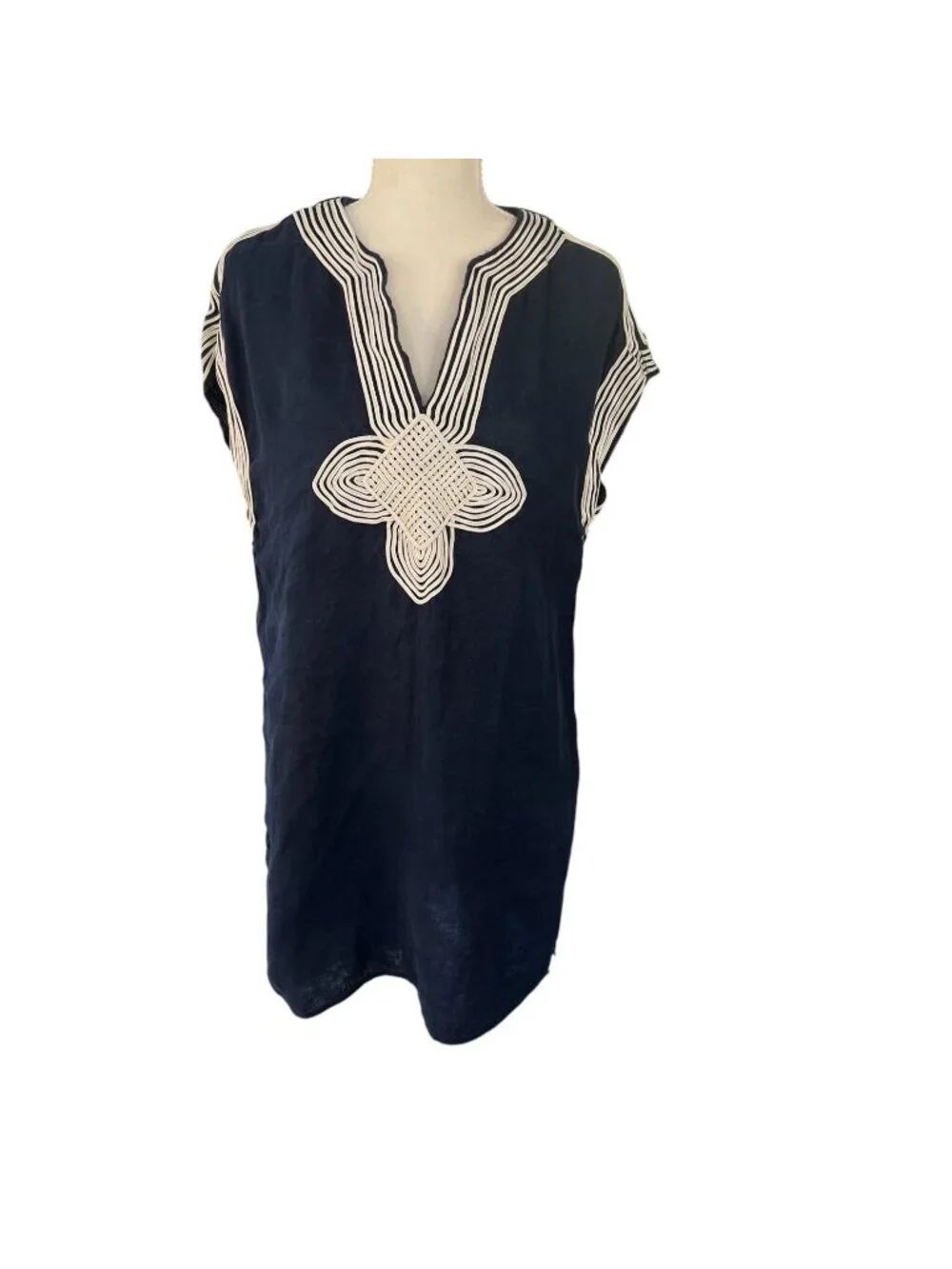 Tory Burch Navy Linen Tunic Mini Dress With White Embroidered Trim Size Small